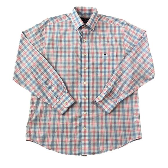 Vineyard Vines Mens Pink Blue Plaid Long Sleeve Button Up Shirt Size Medium - Picture 1 of 5